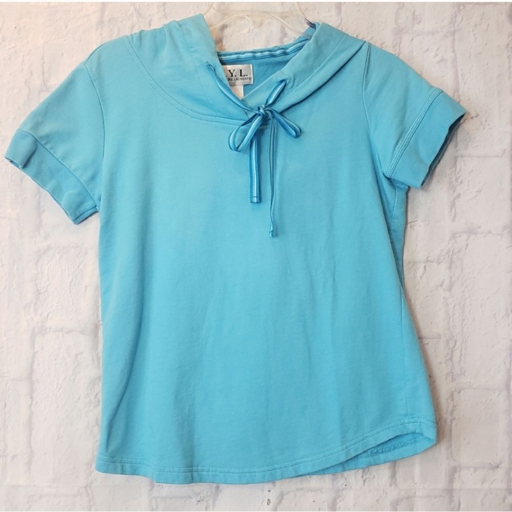 💜NEW YORK LAUNDRY Short-Sleeve Pullover Hoodie Aqua Blue Small